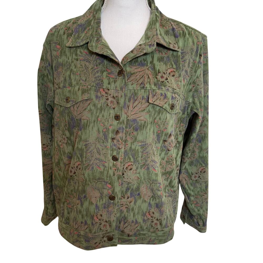 Christopher & Banks Jacket Green Floral Large Stretch Trucker Layering Classic